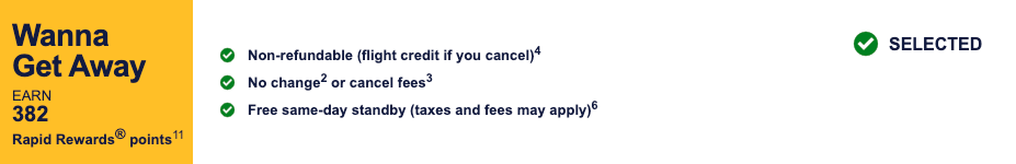 screenshot of Southwest fare types